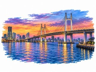 Original Twilight Bridge in Yokohama Kanagawa Japan Drawing
