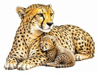 Original A female cheetah and her cub in the Maasai Mara National Wildlife Reserve Kenya Drawing