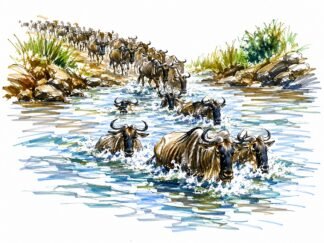 Original A herd of wildebeest crossing the Mara River Kenya Drawing