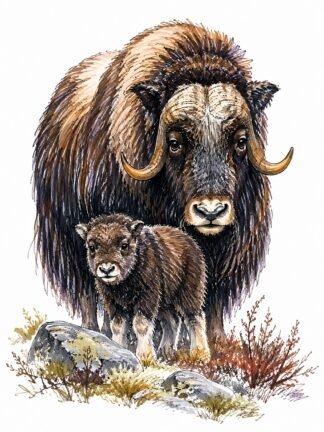 Original A Muskox and her calf in Norway Drawing