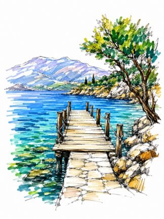 Original A pier in Corinthia Greece Drawing