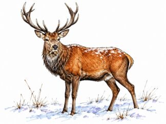 Original A Red Deer in the Snow Drawing
