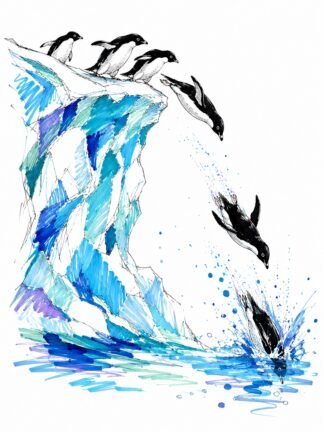 Original Adelie Penguins diving from Iceberg Antarctica Drawing