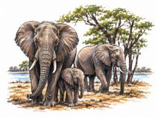 Original African Elephants Mana Pools National Park Zimbabwe Drawing