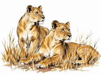 Original African Lionesses in Masai Mara National Reserve Kenya Drawing