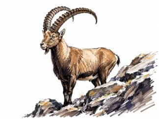 Original Alpine Ibex on rocky mountain slope Drawing