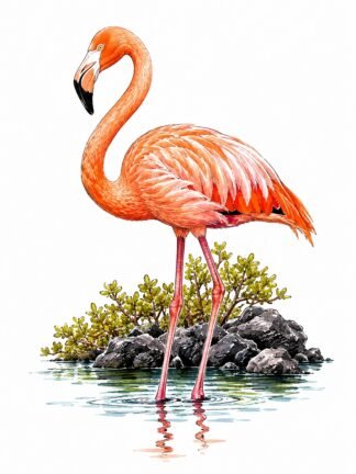Original American Flamingo in Galapagos Ecuador Drawing