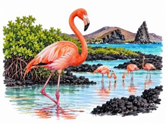 Original American Flamingo in Galapagos Ecuador Drawing