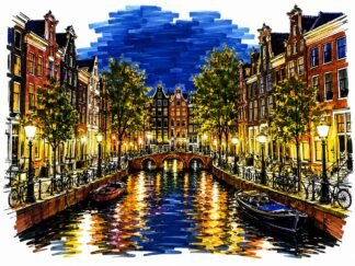 Original Night Amsterdam the Netherlands Drawing