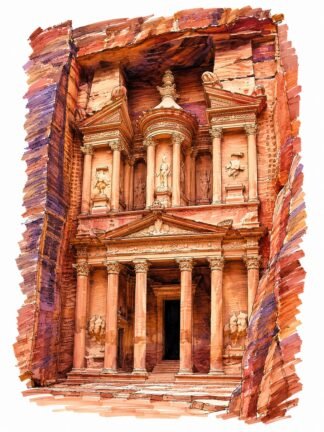Original Ancient Al-Khazneh Rock-Cut Treasury Petra Jordan Drawing