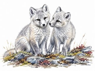 Original Arctic Fox Kits on Wrangel Island Russia Drawing