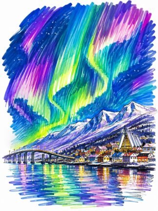 Original Aurora Tromso Norway Drawing
