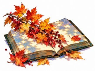 Original Autumn Leaves Across an Open Book Drawing