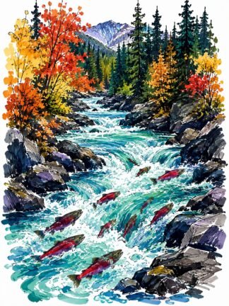 Original Autumn Turquoise River Rapids Salmon Run Canada Drawing