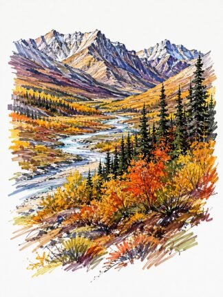 Original Autumn Ogilvie Mountains Yukon Canada Drawing