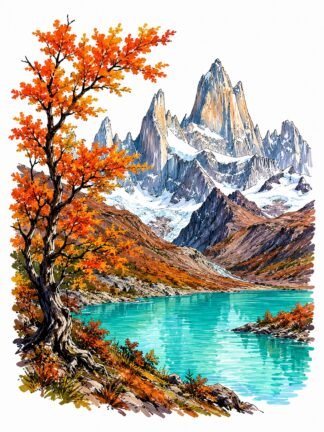 Original Autumn Fitz Roy Massif Los Glaciares National Park Argentina Drawing