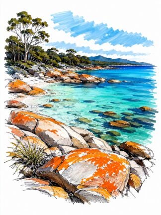 Original Bay of Fires in Tasmania Australia Drawing