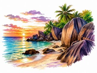 Original Sunset Beach Granite Boulders La Digue Seychelles Drawing