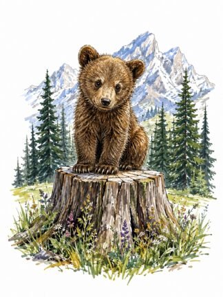 Original Bear Cub Overlooking Mountain Meadow Drawing