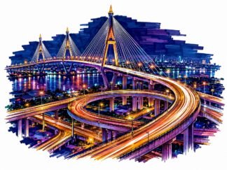 Original Night Bhumibol Bridge Bangkok Thailand Drawing