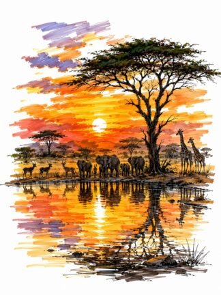 Original Sunset Big Game Reserve Waterhole Africa Drawing