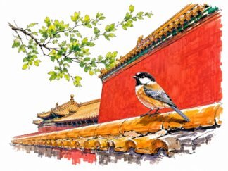 Original Bird on the vermilion walls Beijing Drawing