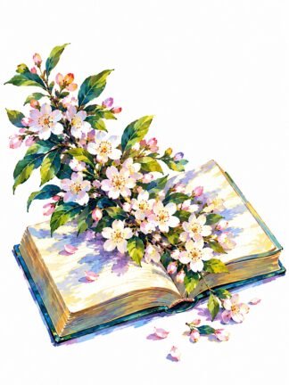 Original Blossoms Across an Open Book Drawing