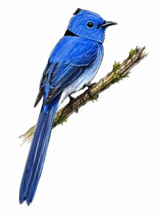 Original Blue Black-naped Monarch Bird Drawing