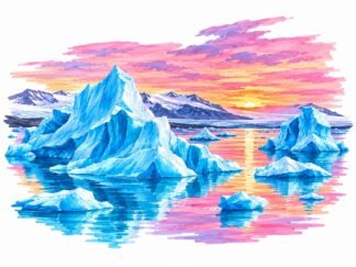 Original Sunset Sky Blue Icebergs Jokulsarlon Iceland Drawing