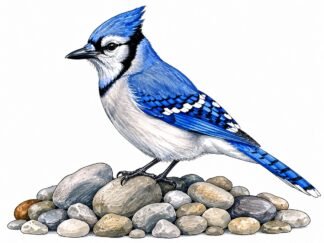 Original Blue Jay on Pebbles Drawing