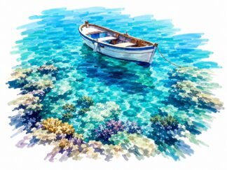 Original Boat floating turquoise water coral reef Greece Drawing
