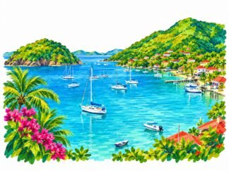 Original Boats in Marigot Bay Les Saintes Archipelago Guadeloupe Drawing