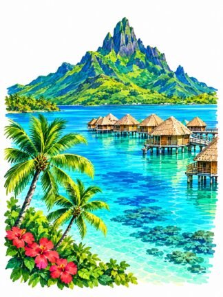 Original Bora Bora in French Polynesia Drawing