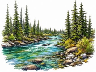 Original Boreal Forest River Canada Drawing