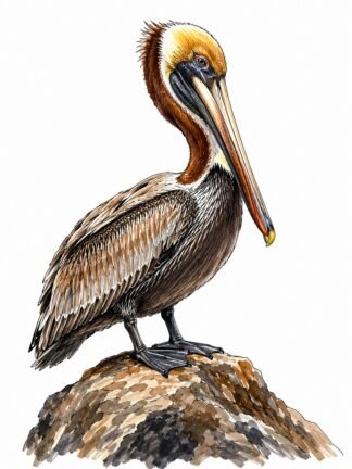 Original Brown Pelican on rock Drawing