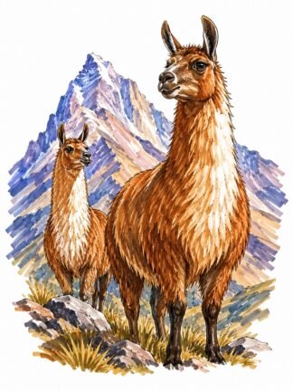 Original Brown llamas Mountain Drawing