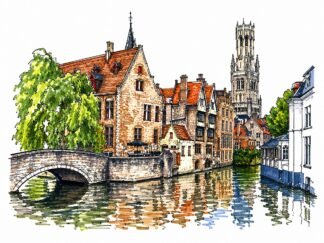 Original Bruges Belgium Drawing
