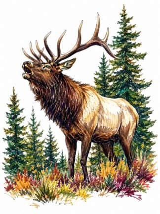 Original Bugling Bull Elk Pine Forest Drawing