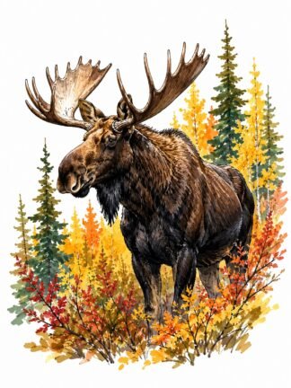 Original Bull Moose Autumn Forest Drawing