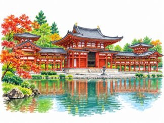 Original Byodo-in Temple Japan Drawing