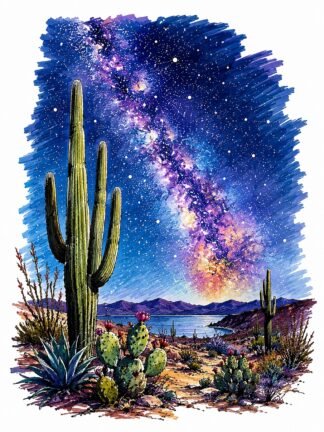 Original Cacti Milky Way Stargazing Baja USA Drawing