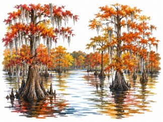 Original Autumn Caddo Lake Texas USA Drawing