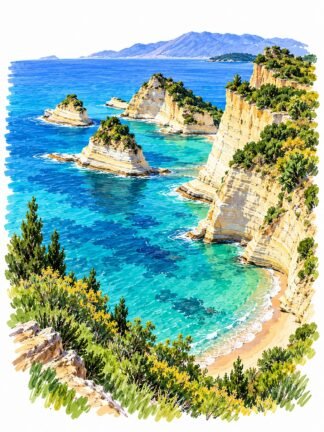 Original Cape Drastis on the Island of Corfu Greece Drawing