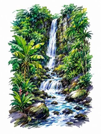 Original Cascading Waterfall Tropical Forest Dominica Drawing