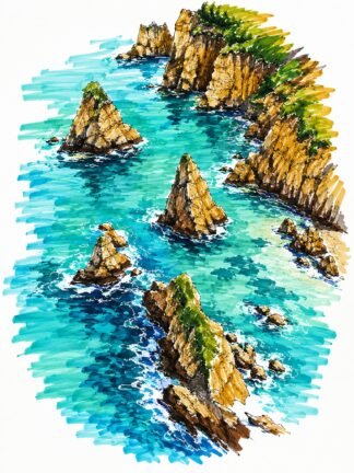 Original Cathedral Cove Sea Cave Beach New Zealand Drawing