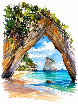 Original Cathedral Cove Sea Cave Beach New Zealand Drawing
