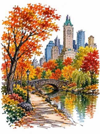 Original Autumn Central Park Manhattan New York USA Drawing