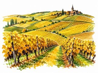 Original Golden Champagne Vineyards Montagne de Reims Regional Natural Park France Drawing