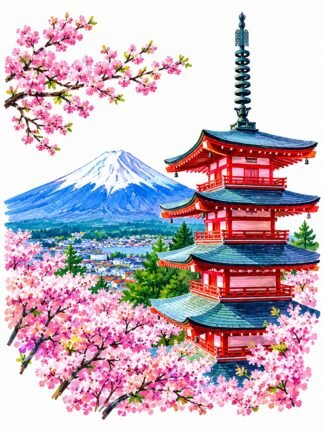 Original Sakura Chureito Pagoda Mount Fuji Japan Drawing