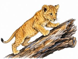 Original Climbing Tawny Lion Cub on Log Drawing